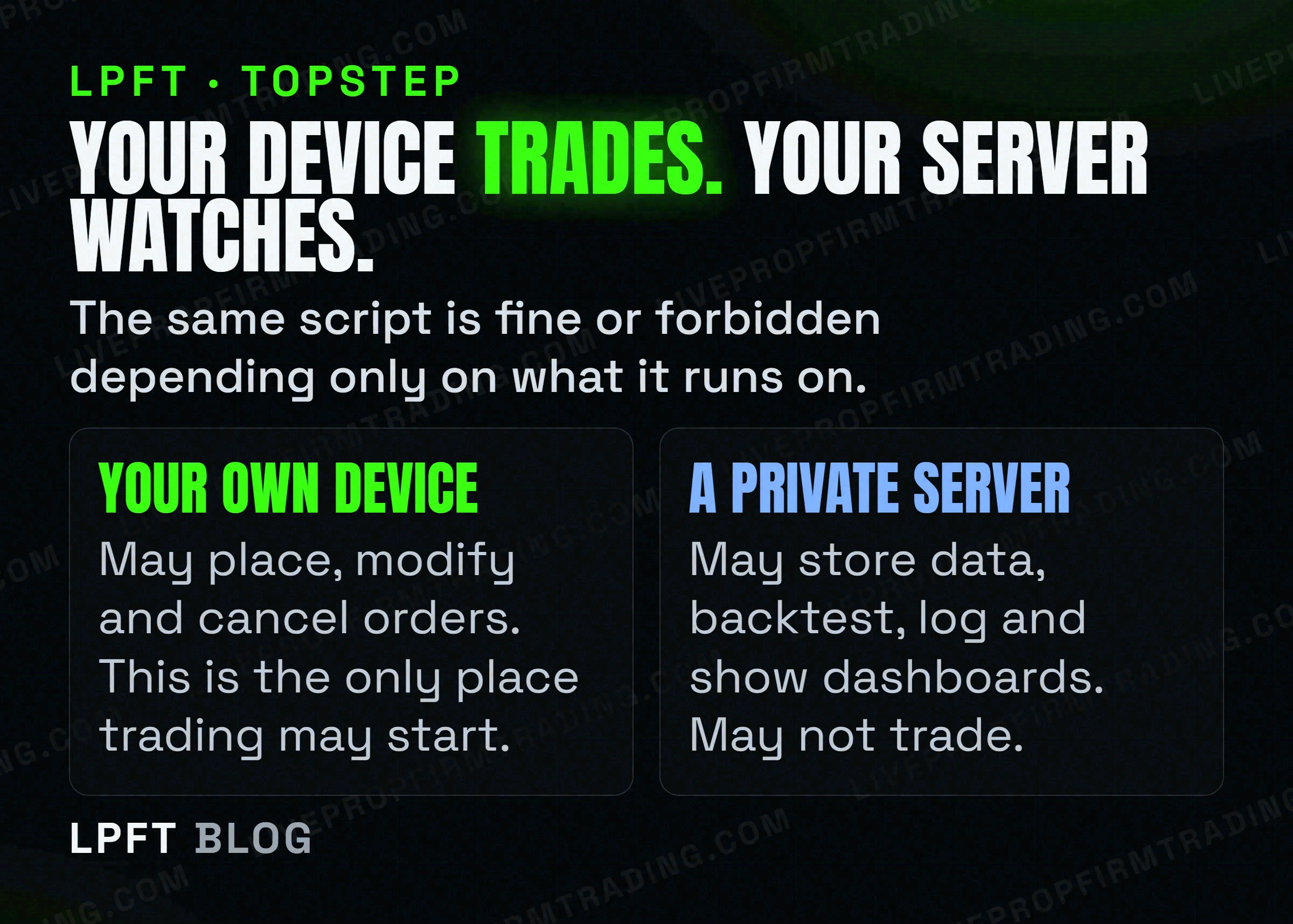 What a personal device may do versus what a private server may do under Topstep rules