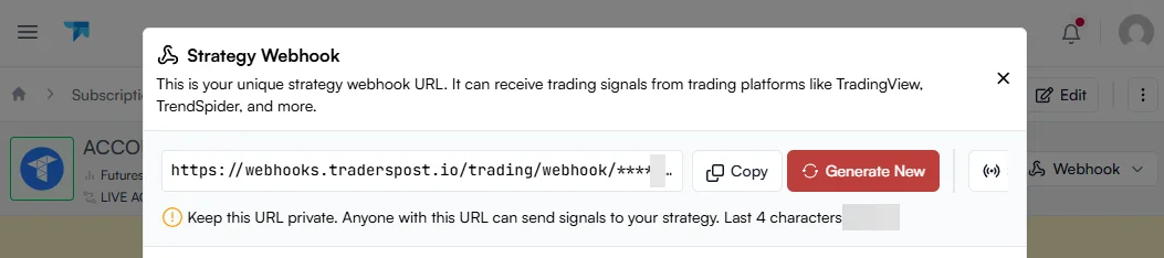 Copying the TradersPost webhook URL that receives TradingView alerts and forwards orders to Tradovate
