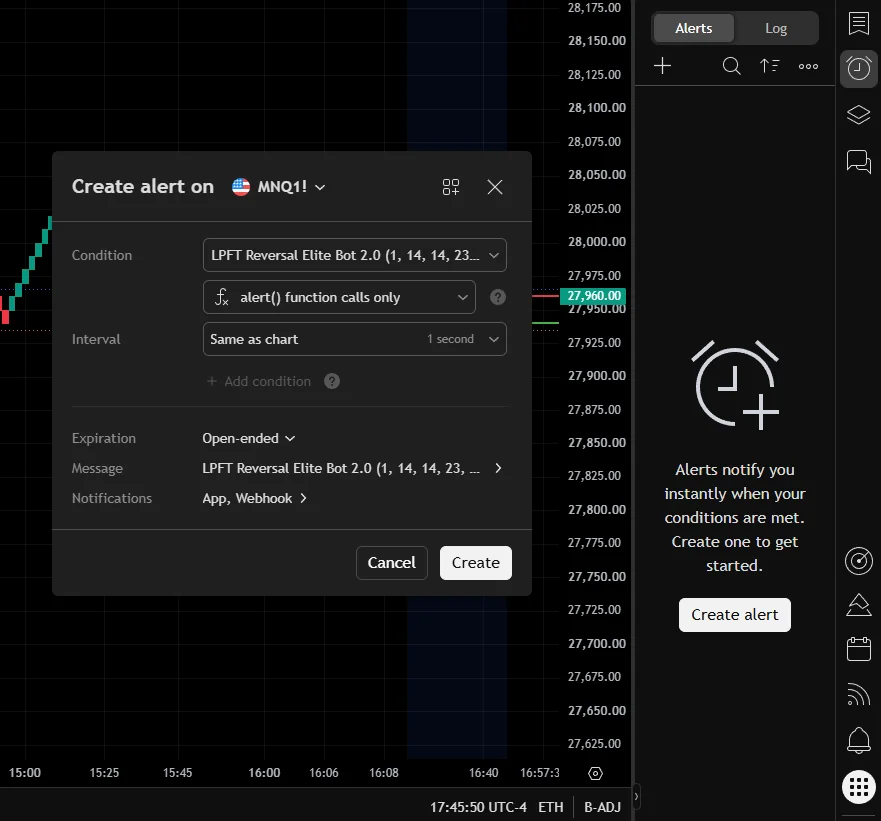 Creating a TradingView alert with the webhook URL option enabled, which sends the signal to a broker bridge