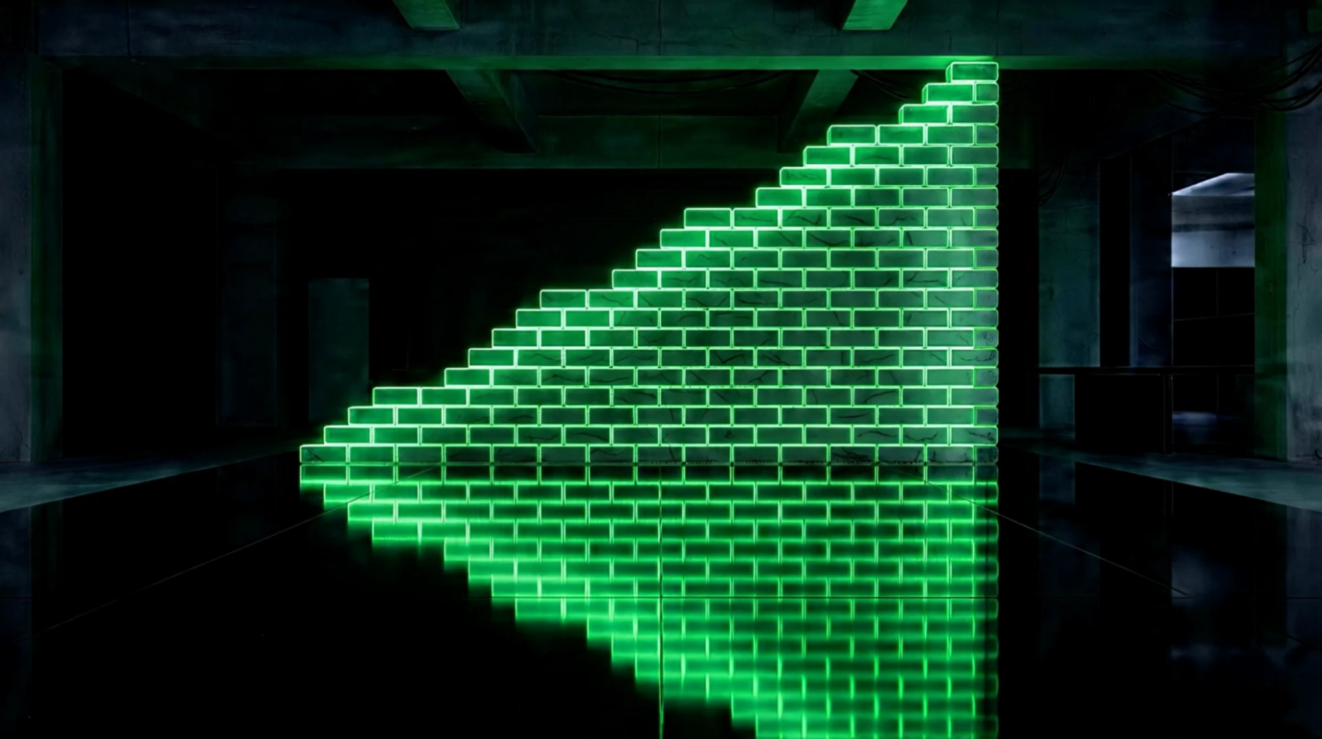 A rising staircase wall of glowing green Renko bricks in a dark industrial hall — the LPFT trend, built one brick at a time.